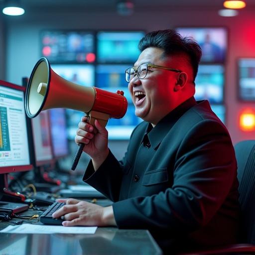 Subject laughs while holding a megaphone in a military base command center filled with LED monitors and advanced technology. Neon lights illuminate the area.
