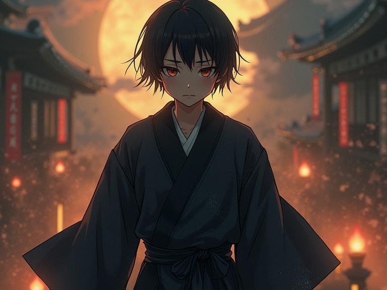 Masterpiece artwork featuring a Japanese ninja character. The character has short black hair and striking red eyes. Set against a dramatic moonlit background with traditional architecture. The character stands in a full-body dynamic pose.