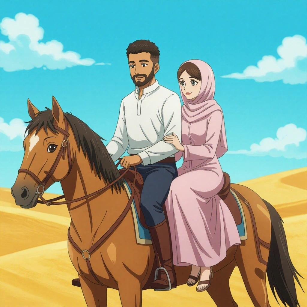 A detailed anime-style illustration shows a romantic scene. A man and woman riding a horse. The man has medium build, short black hair, trimmed beard, wearing a white shirt, navy pants, and black shoes. The woman in front wears a pink long dress and hijab. The background features a lush landscape with trees and rolling hills under a sunset.