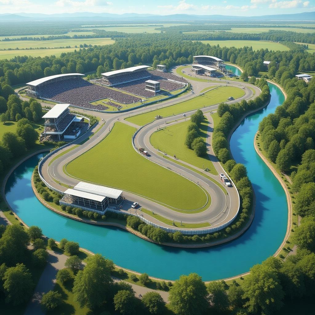 Aerial view of a race track with a moat. The track features smooth curves and surrounded by a lush green landscape. There are grandstands filled with spectators. The image captures the vibrant setting and detailed layout of the circuit.