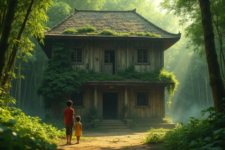 A scene of an ancient Bengali house surrounded by a dense green forest. The house has weathered wooden walls covered with moss and vines. The children, a boy in a red shirt and a girl in a yellow dress, are in the foreground, gazing at the house with curiosity. Soft mist creeps along the ground with bird calls in the background. Warm afternoon light creates an inviting atmosphere.