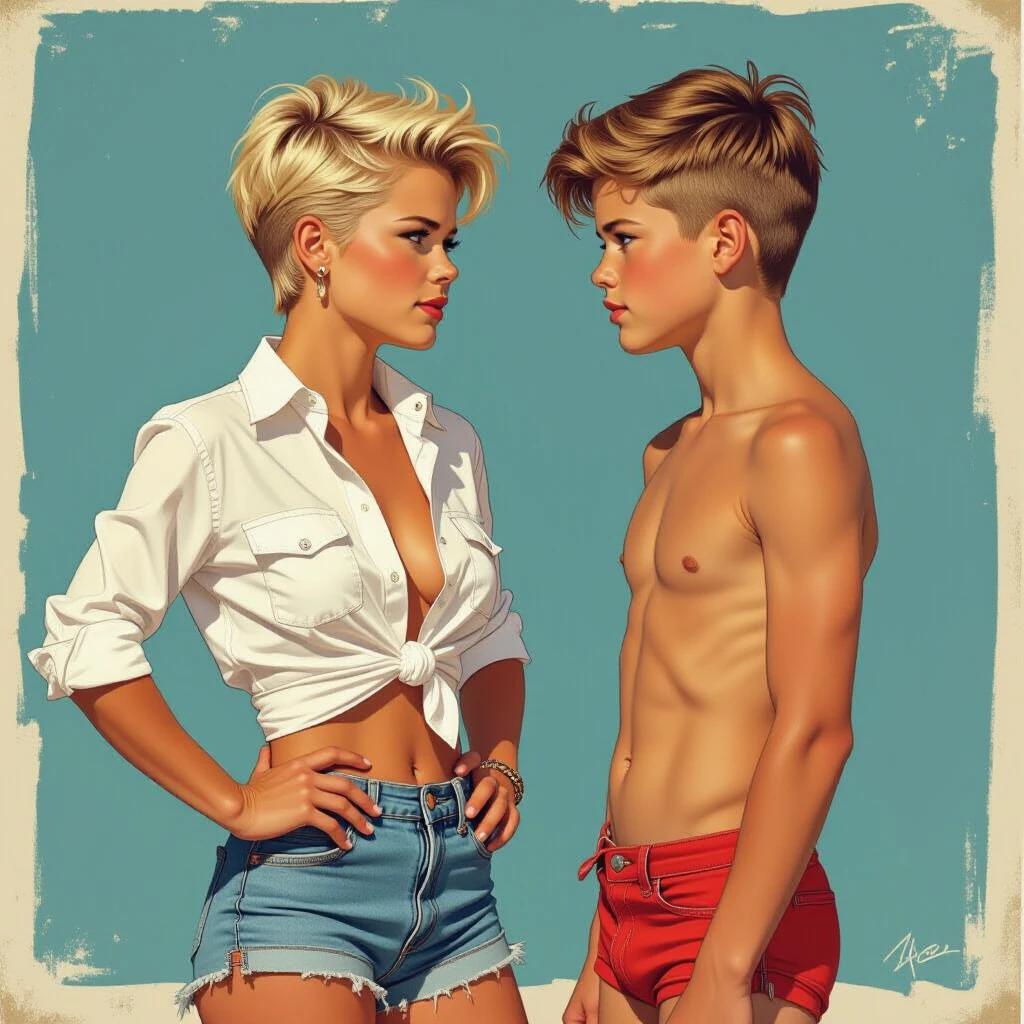 Portrait of young woman facing a boy. Young woman wears a knotted white shirt and ripped denim shorts. She has a punk-inspired short hairstyle. Young man wears red speedos. Comic-style art with bold lines. Bright background features the main subjects prominently.