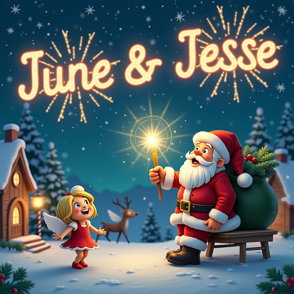 Snowy North Pole setting with twinkling lights. A jolly girl fairy angel named June sitting on a shelf holding a baby boy angel Jesse. The night sky is lit up with fireworks spelling his name. A festive scene with Santa’s workshop and reindeer in the background. Jolly Santa Claus in a red suit surrounded by snow, holding a glowing stick illuminating June & Jesse. Twinkling fairy lights around Christmas trees. The scene embodies Christmas family gatherings.