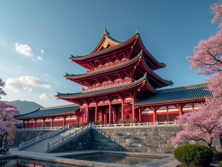 A traditional Japanese temple with red architecture surrounded by cherry blossom trees under a clear blue sky