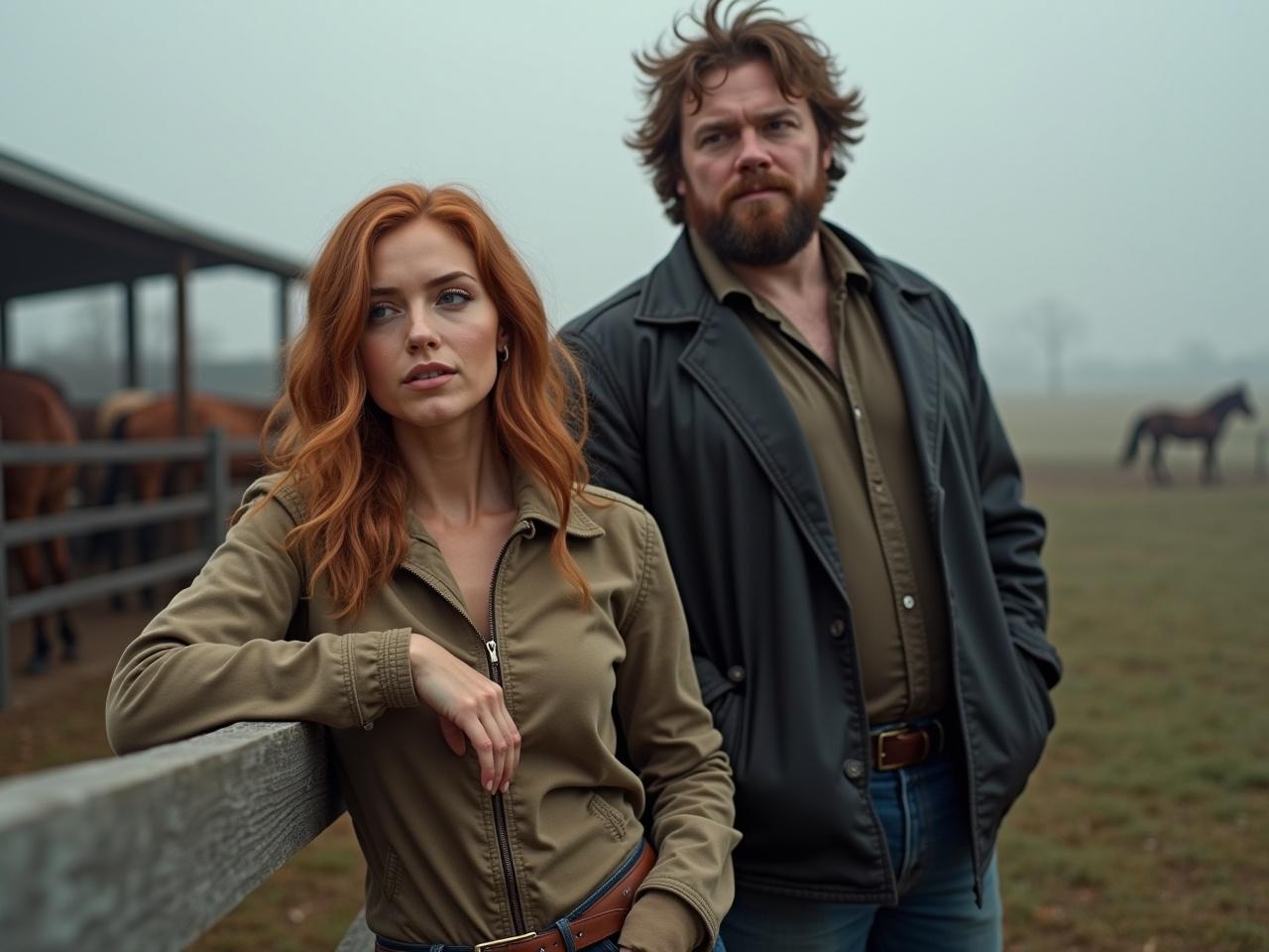 A woman with caramel colored hair and wide cheeks leans against a horse corral, looking thoughtfully into the distance. Beside her is a big man with messy hair, also gazing out at the scenery. They are both dressed in casual yet stylish clothing. The background features a misty, serene landscape with a slight hint of a barn and horses. The atmosphere feels calm and reflective, capturing a moment of connection between the two.