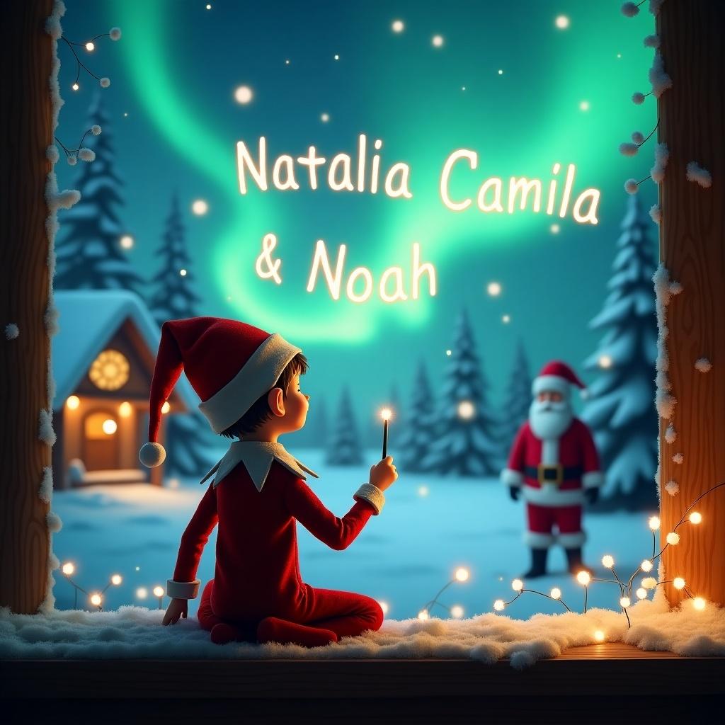 An enchanting scene with an elf on the shelf sitting with his back to the viewer. The elf faces captivating northern lights and holds a wand. The elf writes names in the sky. The background is a winter wonderland with snow-covered trees and a cozy cabin. Santa Claus stands in the distance. Lighting is soft and warm, enhancing the whimsical feel.