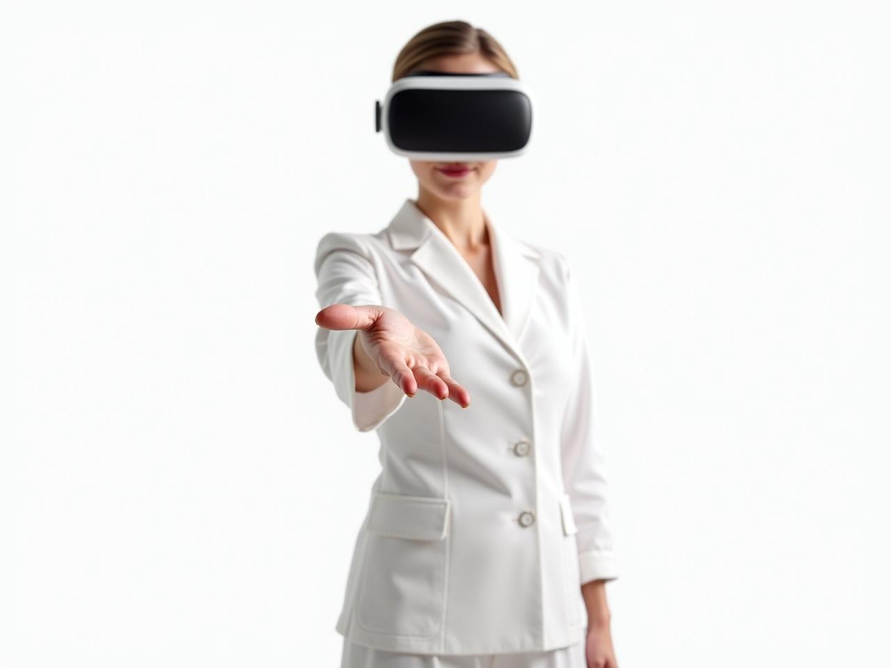 Create an image of a SPA assistant wearing a sleek VR headset. She should be dressed in a stylish, white uniform reminiscent of spa attire. The assistant is holding her hand out in front of her, invitingly. The background must be a transparent white, ensuring nothing distracts from her presence. The overall image should have a photographic quality, appearing realistic and detailed. Aim for a cinematic look with a resolution of 4k, providing clarity and depth to the scene.