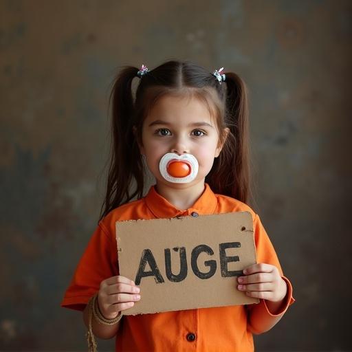 A child wears an orange jail jumpsuit. The child holds a cardboard sign. Hands are tied with rope. The setting suggests an auction. Themes of role play and societal issues are present.