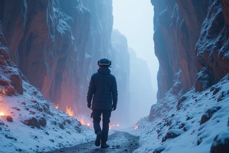 Surreal fantasy landscape. Person in VR goggles stands in a narrow canyon. Environment includes glowing elements and snow. Individual seems to interact with surroundings.