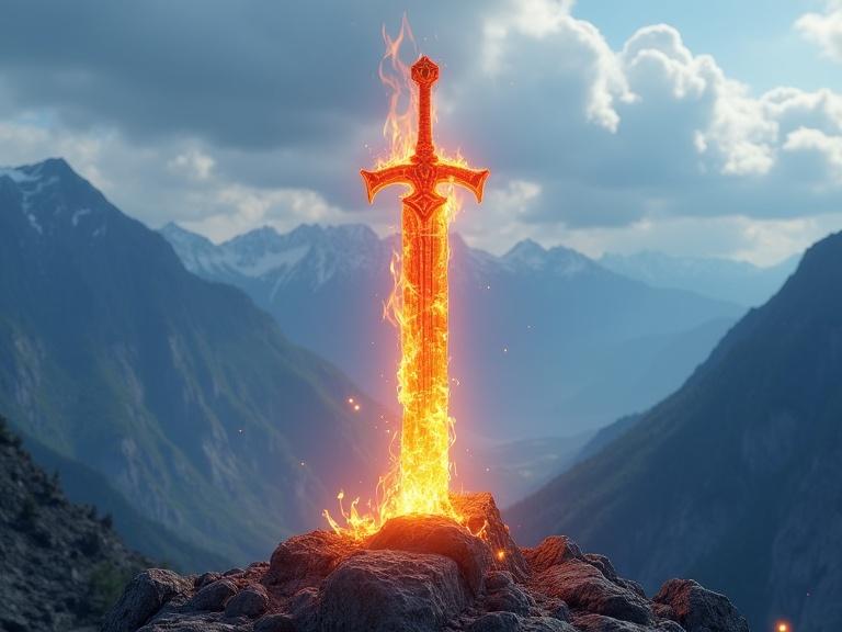 Flat long and wide sword appears made of fire-looking glass. Sword sticks out of mountainous ground. The handle is at the top caught in flames. The ground illuminated underneath the sword. Detailed mountains in the background. Blue clouds cover the sky.