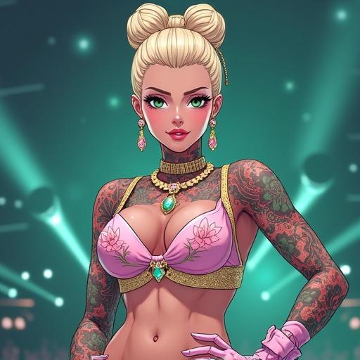 Anime character in a futuristic concert setup. Woman features emerald green eyes and oversized blonde bun. Jewelry includes light pink diamonds. Outfit is sexy and edgy for a popstar.