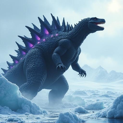 Cinematic scene featuring a huge black dinosaur with purple-blue glowing spines in Antarctica. The creature is crouching, roaring, and partially breaching through massive ice. Snow is falling off its body as ice cracks around it. The atmosphere is sunny with great depth, showcasing intricate details and realism.