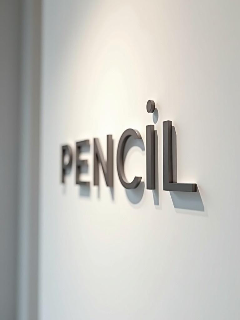 Close up view of a wall sign displaying the word PENCIL. Minimalistic white background enhances the letters. 3D effect with soft blurred lighting creates an inviting atmosphere. The sign suggests creativity and calmness. Ideal for modern office environments.