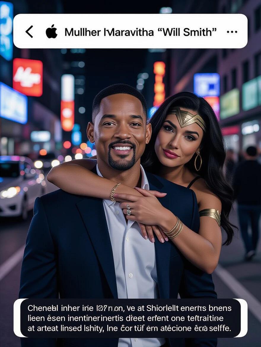 Arm around shoulder in casual moment. Night city background with neon lights. Traffic and blurry figures pass by. Authentic vibe of spontaneous selfie.