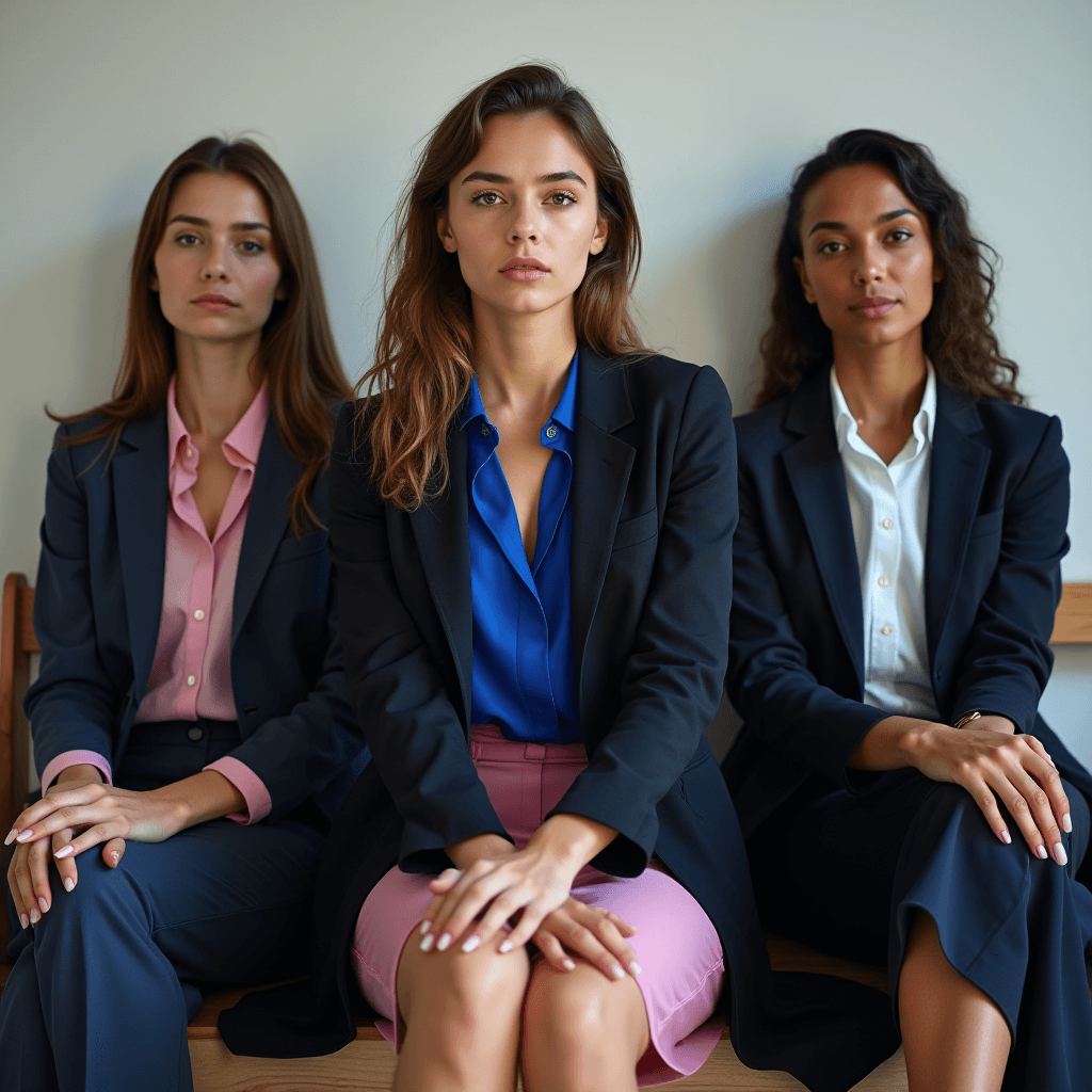 Three women in business attire sit together on a bench, looking confidently ahead.