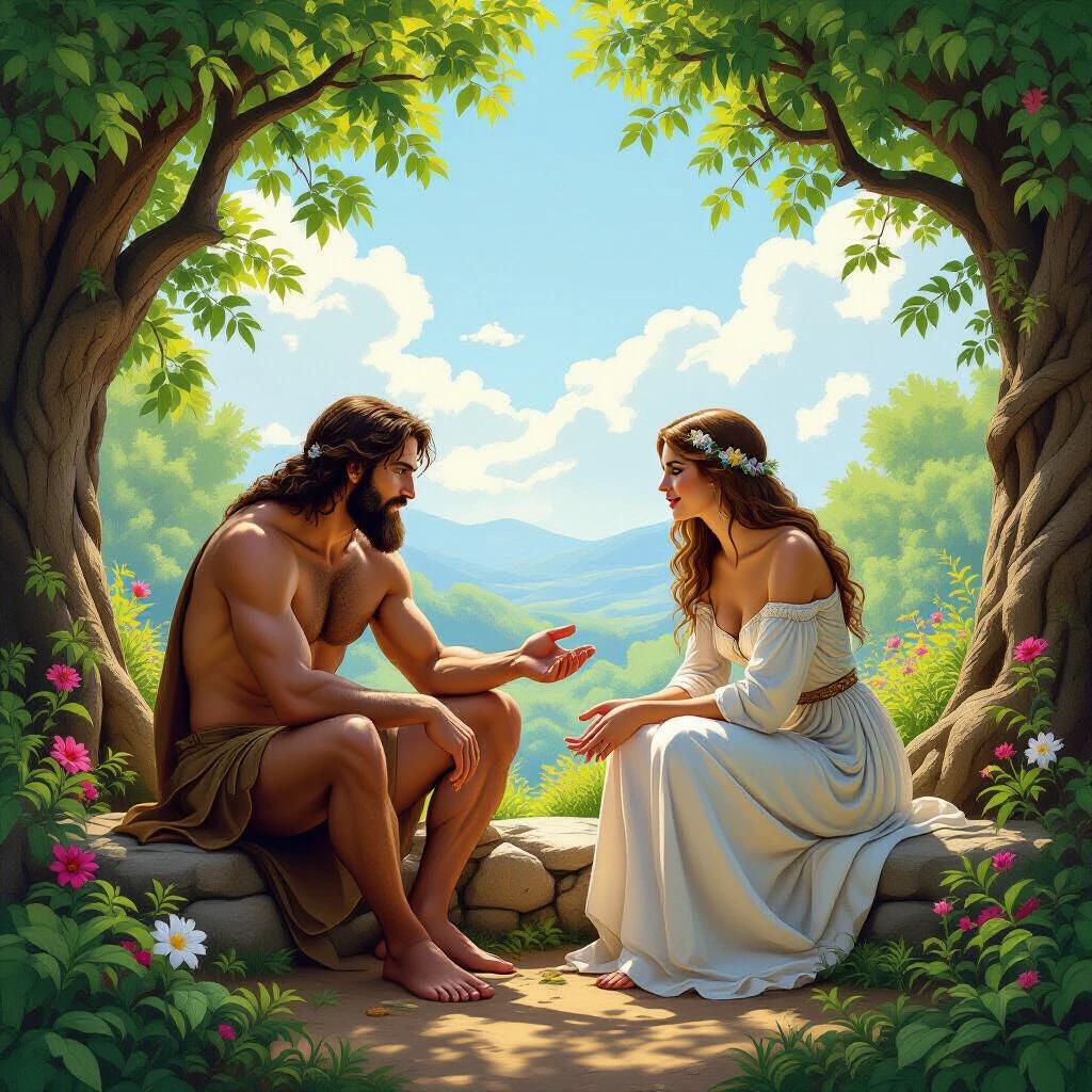 A serene scene depicts Adam and Eve in the Garden of Eden. Lush greenery surrounds them. Adam, muscular and bare-chested, offers a red fruit to Eve, who wears a flowing white gown and a floral crown. Their expressions convey curiosity and innocence. Sunlight filters through trees, creating a beautiful atmosphere.