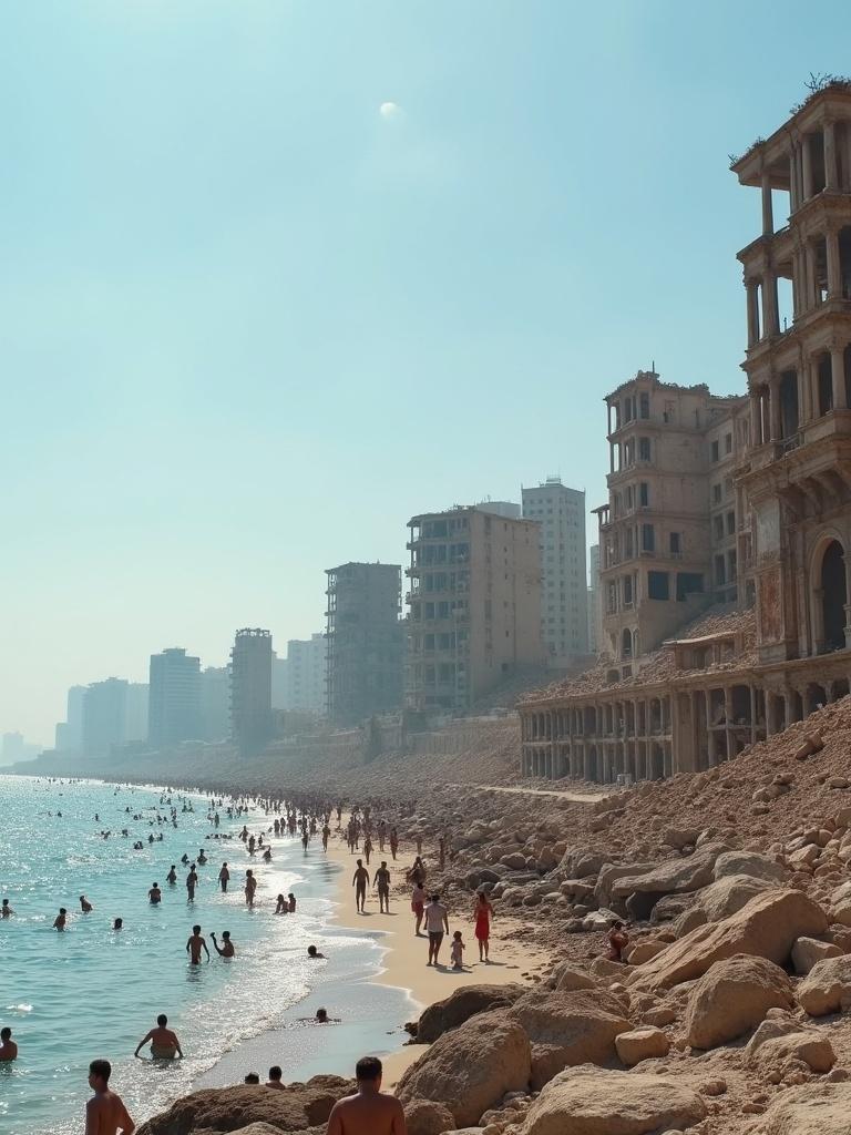 Photo depicts ruins of buildings on Gaza beach beside the sea people swim and relax along the shore