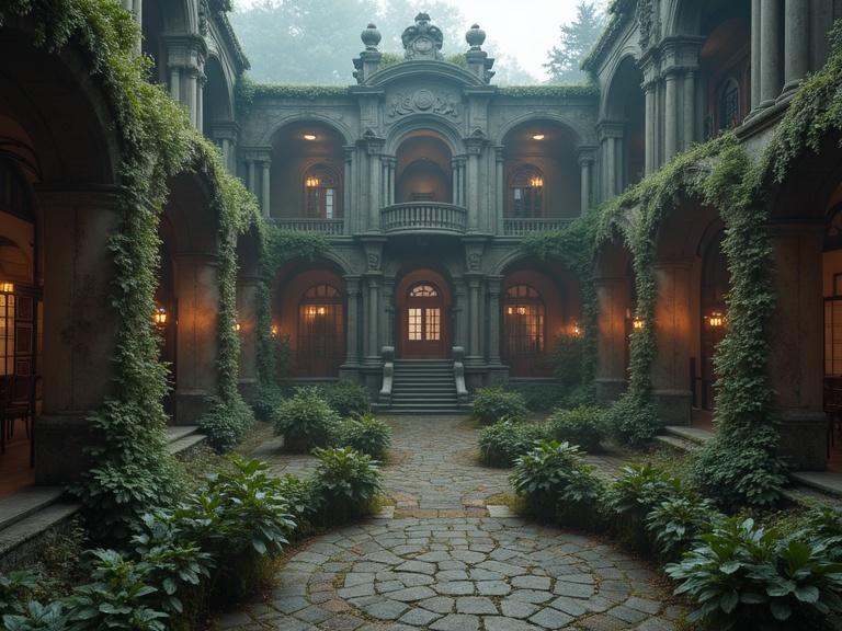 Gothic courtyard with luxurious architecture surrounded by greenery. Soft mist enveloping the area creates a dreamlike atmosphere. Series of arches and columns frame a picturesque setting. The ground is paved with stones leading to a central focus area.