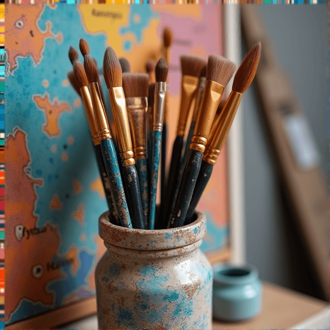 A set of various brushes is placed in a rustic jar with a colorful map in the background.