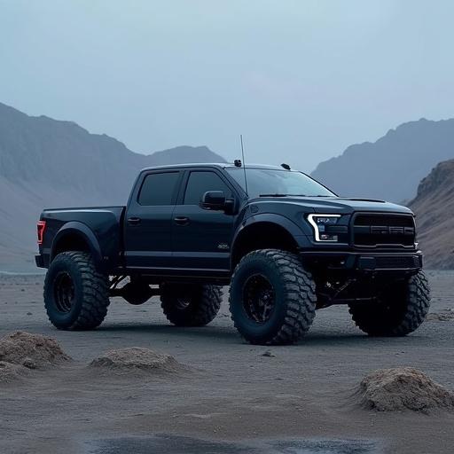 A black electric pickup truck in a rugged landscape. The truck has oversized tires and a powerful stance. The setting is a twilight scene with mountains in the background. This vehicle features advanced technology and a unique design.