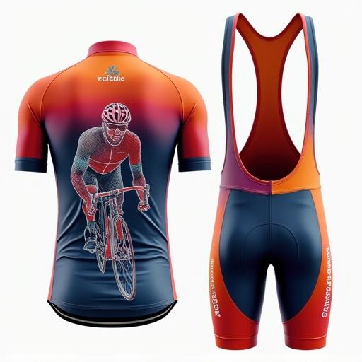 Professional cycling kit image featuring jersey and shorts. Bright colors dominate the design. Outline of a cyclist appears on the back. Rider's name is on the left breast. BCG Group logo is on the back. Group name connects cycling, culture, and food.