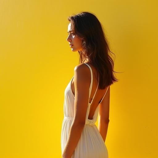 Small brunette woman with tan skin wearing a translucent sundress in a yellow outdoor setting.