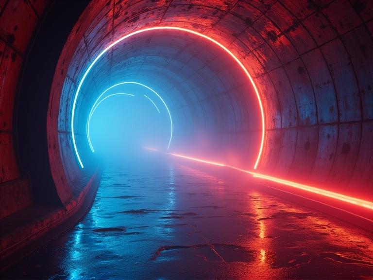 Long tunnel at night with vibrant deep blue and red-orange-yellow lighting effects. Include a strobe laser shooting along the tunnel. Fog and rain effects create a moody wet atmosphere. Tunnel appears to spiral endlessly with an epic cinematic look.