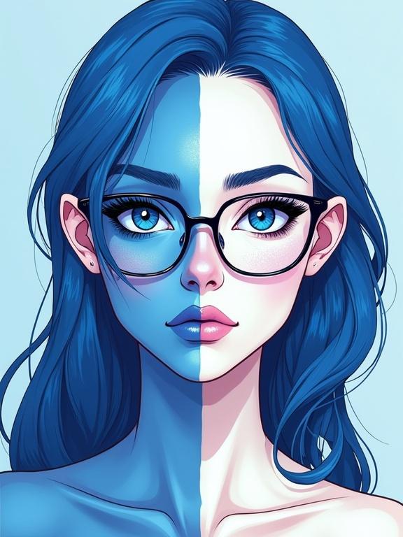 Digital art illustration of a nerdy Finnish woman. Half blue and half white. Sharp contrast against pastel background. Unique makeup with blue eyeshadow on one side and white on the other. Quiet confidence in her expression with glasses on her nose.