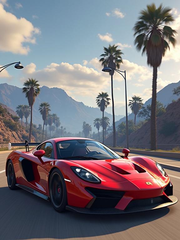 Vertical image features a red sports car driving along a road amidst palm trees and mountains. The scene captures a sunny day in a video game style.