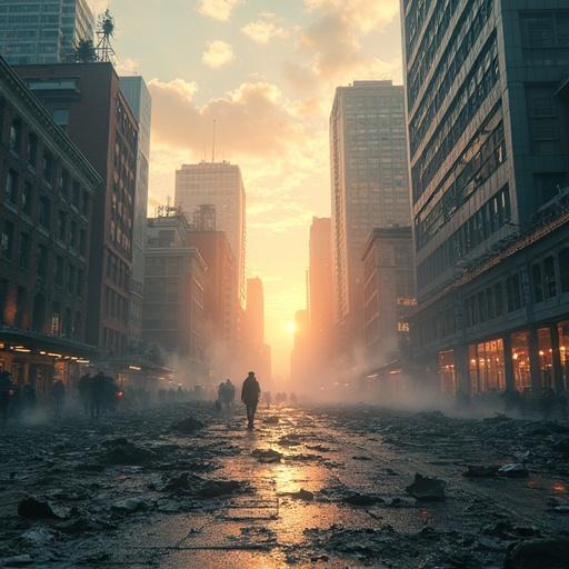 A dramatic depiction of urban decay showing a person walking amidst rubble and abandoned buildings. Sunset creates a stark contrast against the decay. Tall modern buildings loom in the background. The photo evokes themes of economic downturn and a potential recovery.