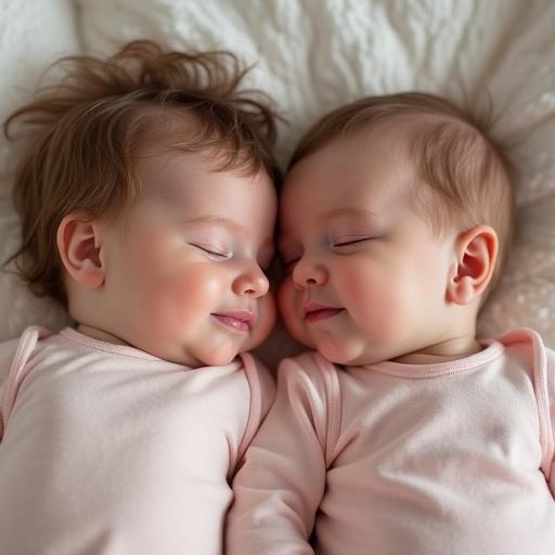 Two newborn twin babies resembling a girl and a boy. Both babies are of equal size and peacefully sleeping. Text visible reads '07.05.2025 Hoşgeldin Elisa & Ali Aras'. The color scheme features soft pastel colors and a loving atmosphere.
