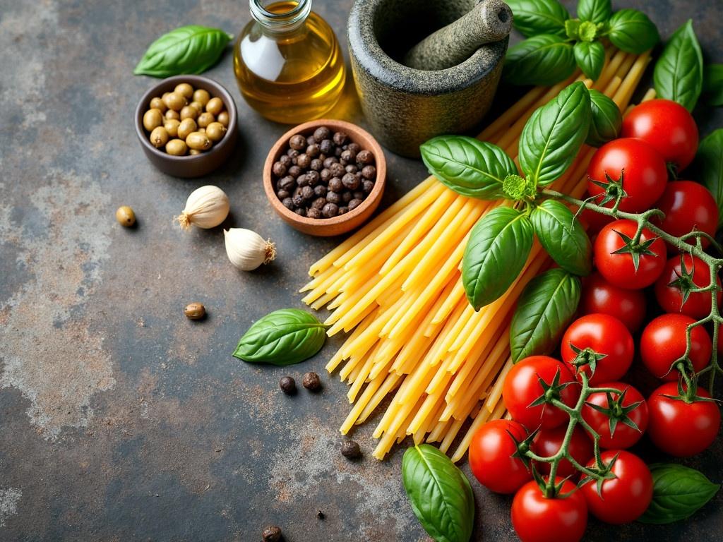 The image showcases a variety of Italian and Mediterranean food ingredients arranged beautifully on an old wooden background. There are several types of pasta including spaghetti, fettuccine, and penne scattered across the surface. Fresh basil leaves add a touch of vibrant green, complementing the bright red tomatoes. A small bowl of green olives and a dish of black peppercorns sit nearby, alongside a jar of olive oil. A mortar and pestle are included, hinting at the use of fresh ingredients like garlic and pesto for cooking.