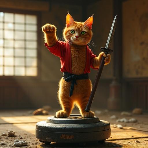 Hyper-realistic depiction of triumphant ginger ninja cat standing on robot vacuum in traditional Japanese room. Cat poses dramatically with raised forepaw holding katana. Left paw on vacuum with extended claws. Black headband flutters, green eyes narrowed, whiskers bristling.