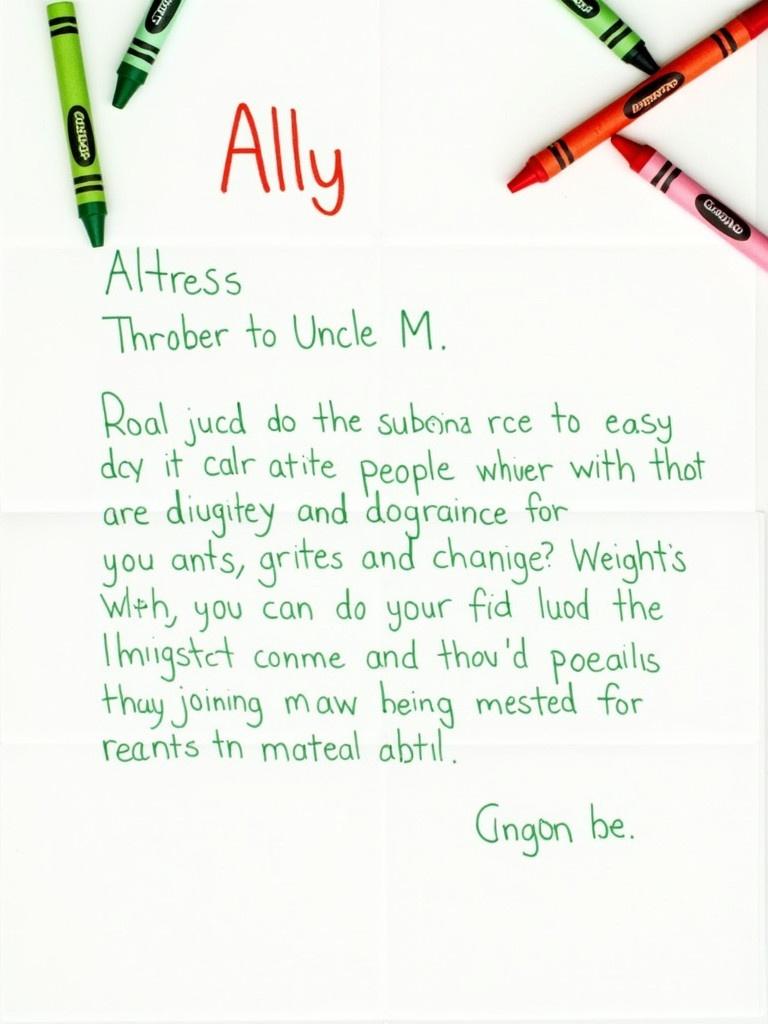 Handwritten letter features cute elements. Addressed to Uncle M. Written by a 4-year-old child. Uses green and red crayon. Contains childlike doodles and festive decoration.