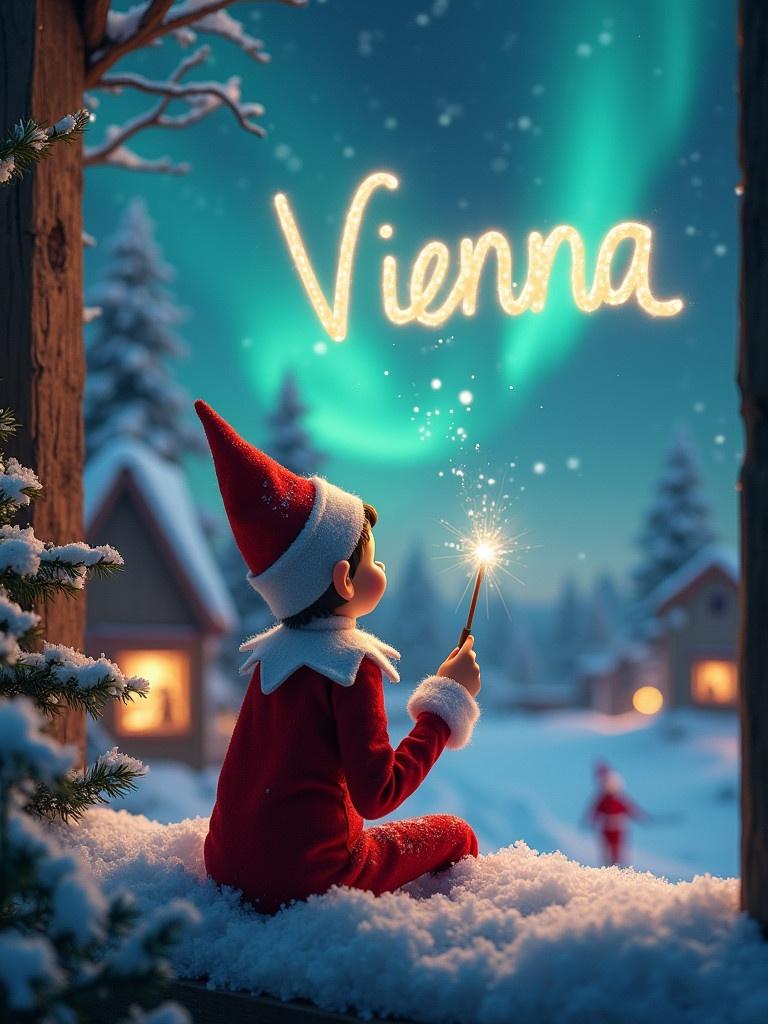 Enchanting Christmas scene with an elf on the shelf. Elf sits facing away with a wand. The northern lights illuminate the sky. Snow covers the ground. Santa Claus is faintly seen in the background.