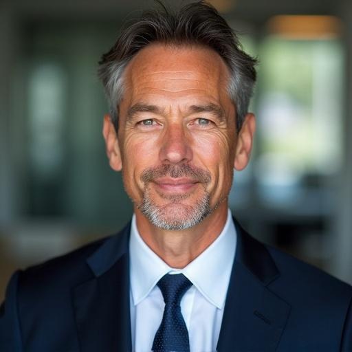 A professional man in business attire against a blurred office background. The man has a friendly smile and confident posture. Shot in natural light.