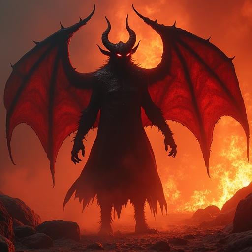 A towering demon stands in hell. Fiery background with intense flames. Red horns and wings are prominent. Dark flowing attire flows around the body. Sinister glowing eyes peer out. Shadows add depth and mystery.