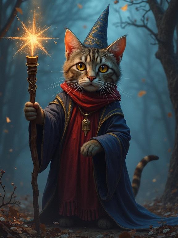 A cat dressed as a wizard. The cat has large, expressive eyes and wears a blue robe with a hood. It holds a glowing wand with a star. The setting is an enchanted, dark forest with dim light and glowing elements. The atmosphere is magical and whimsical.