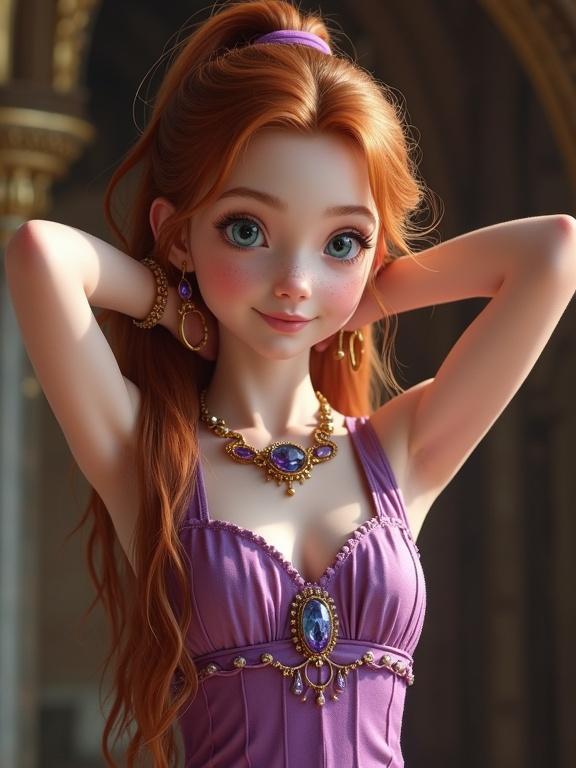 Photorealistic character with auburn hair and vibrant blue eyes. Girl has a pleasant expression. Wearing a purple and pink dress with gold jewelry. Posing in an ornate monastery, arms behind head.