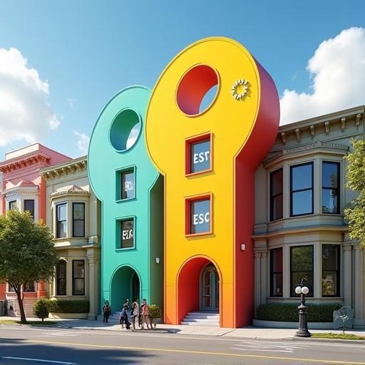 Vibrant digital art image of a building shaped like a giant 'Esc' key in a charming neighborhood. Bright colors dominate with teal, coral, and yellow. Surrounding Victorian architecture enhances appeal. Sunny day atmosphere with light shadows. Welcoming entrance and friendly community vibe.