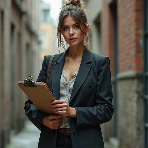 A woman styled as a professional secretary standing in an urban alley. She wears a business suit made from discarded items. The suit consists of torn fabric, plastic strips, and cardboard. She holds a clipboard crafted from old tablet parts and has a confident expression. Her hair is tied with frayed cables, and she holds a trash picker in one hand. The scene showcases urban decay with high detail.