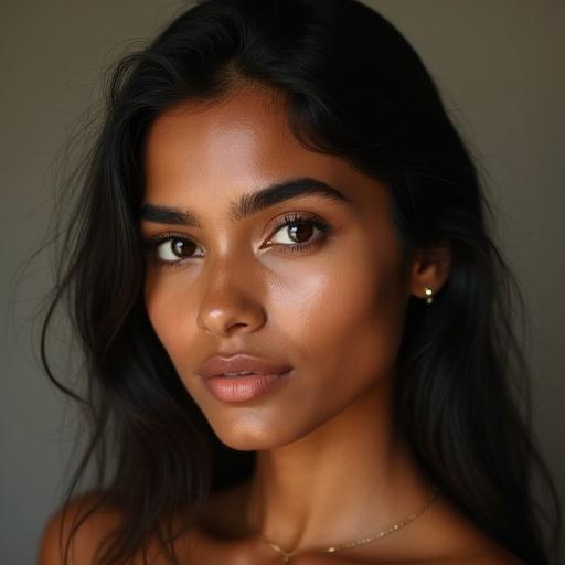 A realistic looking Indian woman posing with notable skin texture. The photograph features a close-up of her face highlighting her features. Soft lighting enhances her natural beauty.