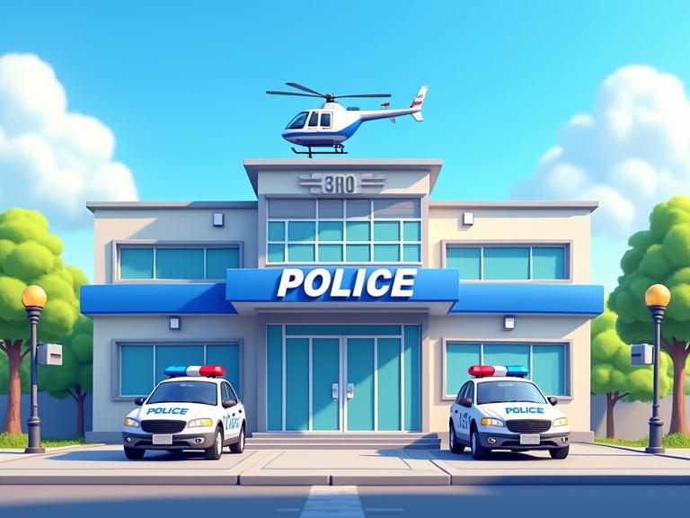 Front view of animated police station building in cartoon style. Modern design with police logo and blue white color scheme. Glass doors with police cars parked out front. Police helicopter on rooftop helipad. Bright sunny day with animated characters like officers or citizens around. Trees and street lamps nearby. Friendly and stylized atmosphere. 2D animation or Pixar-like look.