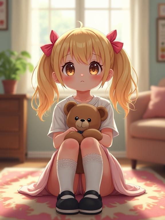 A cute bashful girl with long blonde twin tails and pink bows sits on a colorful rug in a soft-lit living room. She wears a short white shirt and a pale pink skirt with thigh-high socks and black shoes. She hugs a teddy bear and glances up with innocent curiosity.