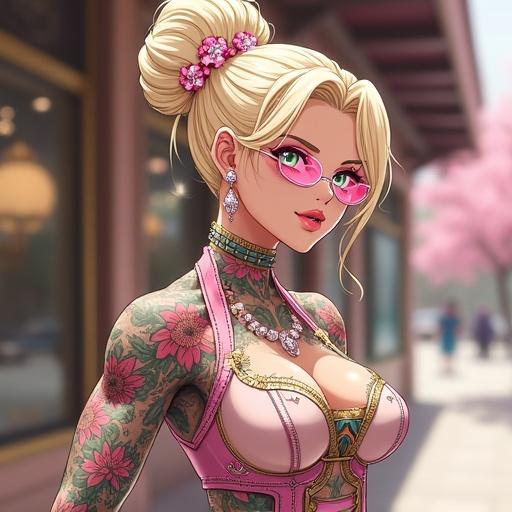 Anime character design with an elegant look. Woman with emerald green eyes, oversized light blonde French bun, adorned with light pink diamond jewelry. Features a muscular physique, wearing a sexy edgy outfit. Setting is a luxurious Burberry store with cherry blossoms.