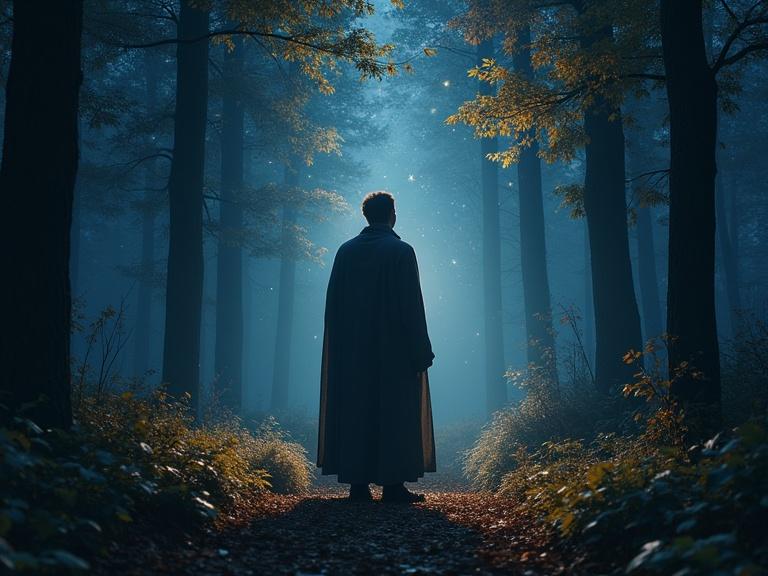 Enoch stands in a misty forest at night. Glowing leaves reflect divine energy. A realistic portrayal with deep blue and golden tones. The composition follows a 9:16 aspect ratio.