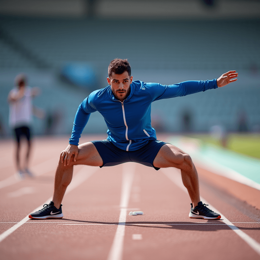 A male athlete stretching and preparing on a track field.