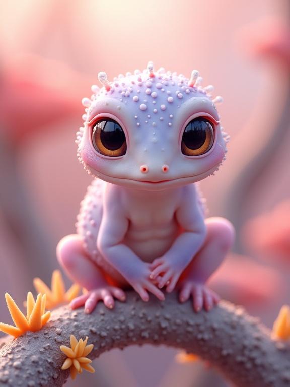 A whimsical creature is clinging to a surreal coral-like plant in a scene with soft pastel tones and vibrant details. The creature has a lavender-pink body with large amber eyes, tiny coral-pink mouth, and delicate nodules. The plant resembles a blend of coral and lichen, with vibrant orange and yellow protrusions, against a softly blurred pastel background.