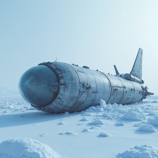 Crashed rocket half-buried in icy tundra digital matte painting post-apocalyptic concept art style by Simon Stålenhag ArtStation 4k resolution shattered hull and frosted glass cold blue and silver tones diffuse polar light