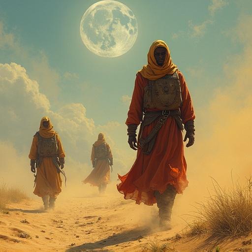 Nomadic figures wearing hoods and robes walk through a desert towards a bright full moon. They show determination and mystery, walking on a sandy path with scattered grass. Dust swirls around them as they read prophecies in the air. The scene feels epic and mystical.